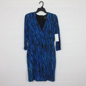Karan Kane Dress Small Zebra Blue & Black Sheath Dress V--Neck 3/4 sleeve $148 N